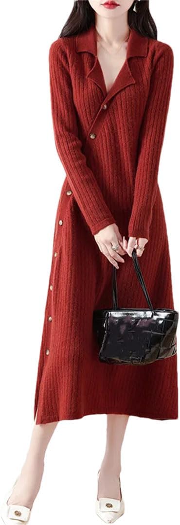 Women’s Wool Dress Cardigan Winter Long Sleeved Solid Color French Fashion Lapel Button Knit Cardigan Dress