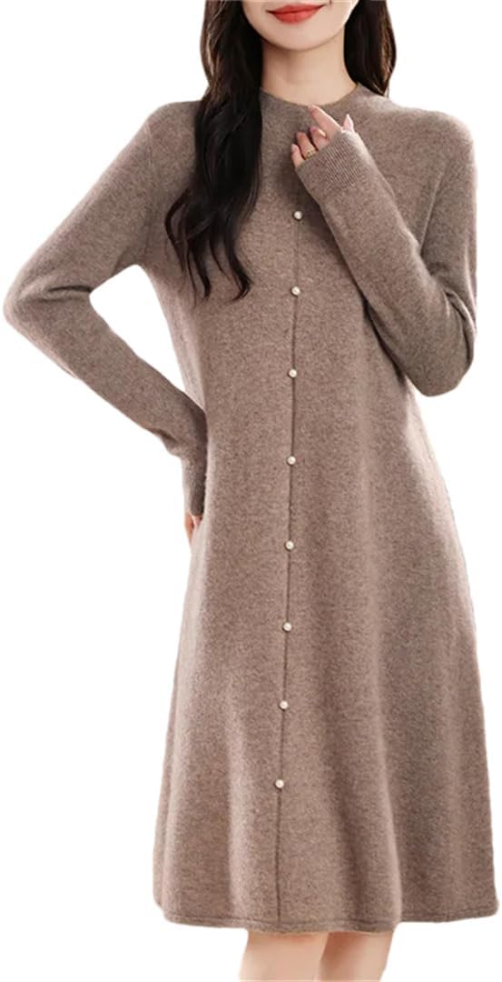 Women’s Long Sleeve Sweater Dress Wool Maxi Dress Pleated Hem Knit Dress