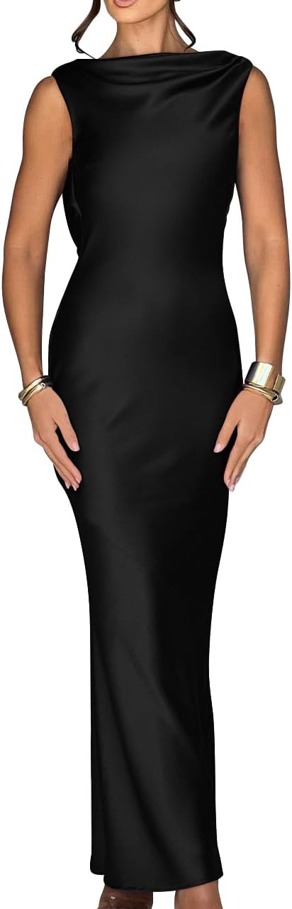 Women’s Satin Elegant Sleeveless High Neck Tie Cocktail Party Maxi Dress