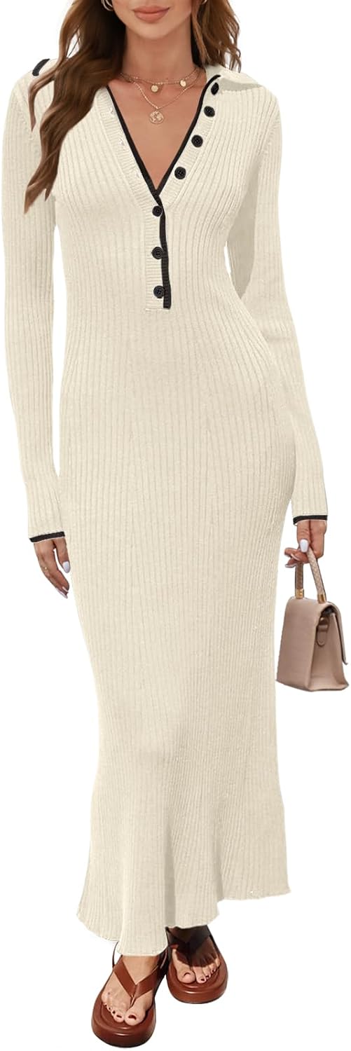 Women’s Long Sleeve V Neck Sweater Dress Button Ribbed Knit Slim Fit Elegant Maxi Dresses