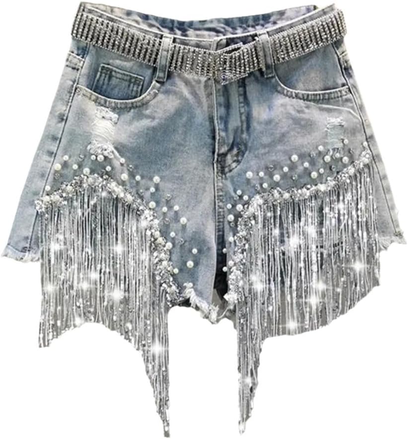 Female Denim Shorts Summer High Waist Slimming Heavy Beaded Sequin Fringed Ripped Wide Leg Pants Jeans Hot Pants