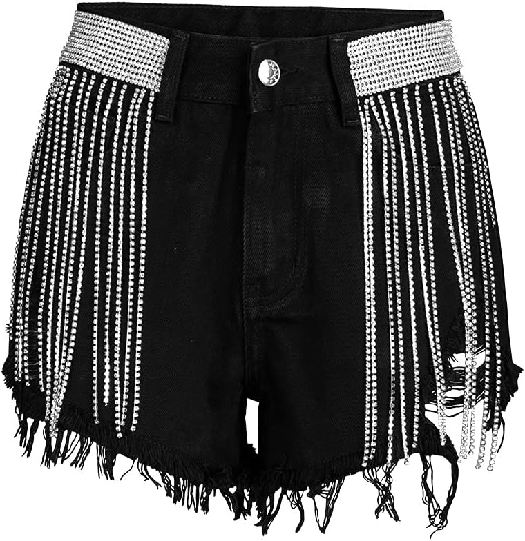 Women’s Shiny Jean Shorts Rhinestone Fringe Tassels Wide Leg Sexy Summer Denim Short Jeans