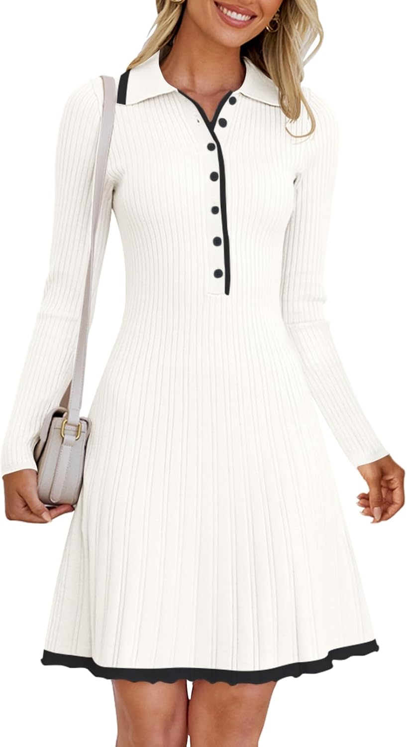 Women’s Long Sleeve V Neck Sweater Dress 2025 Fall Button Ribbed Knit Pleated Mini Dresses