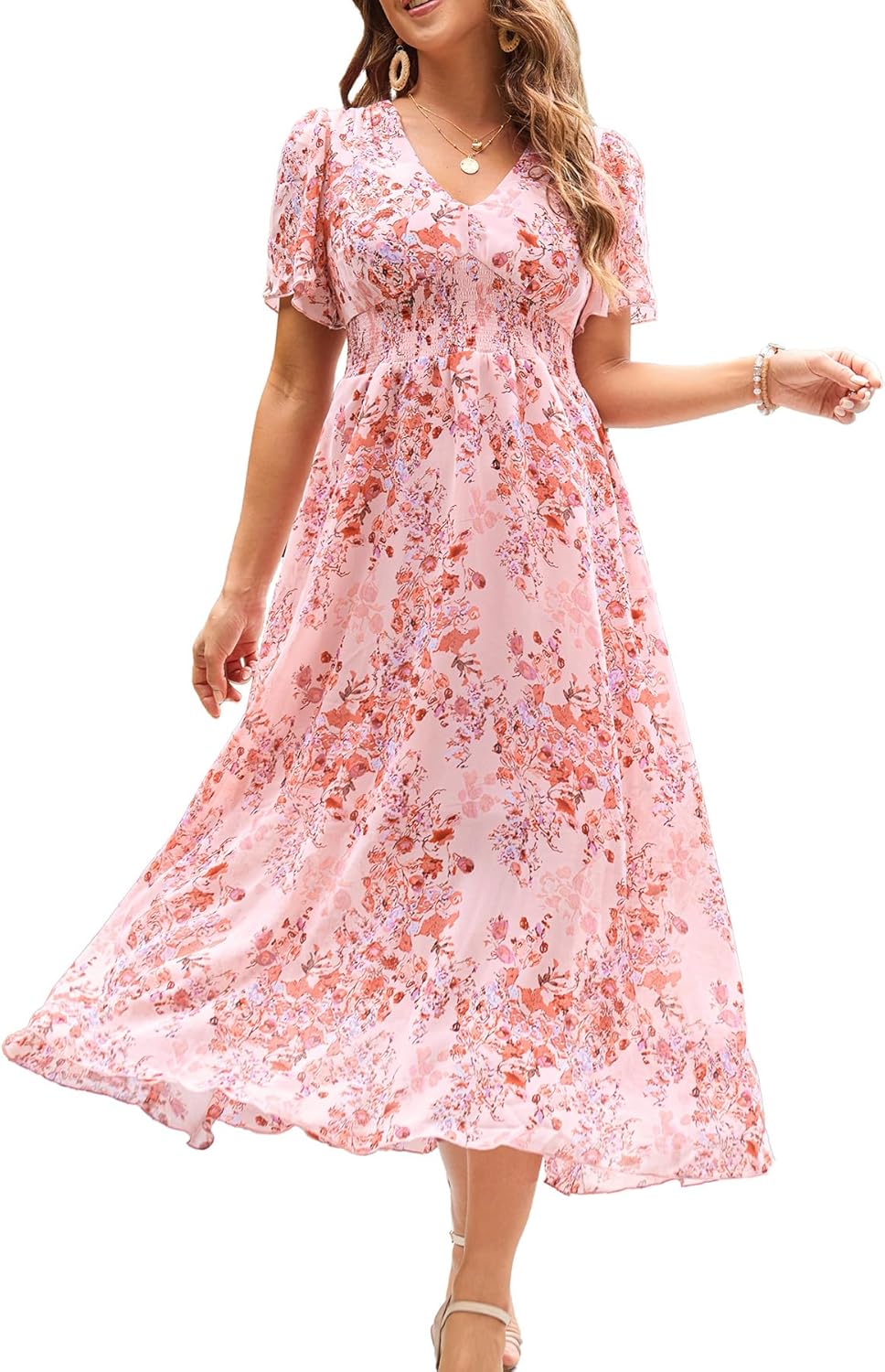 Women’s Floral Maxi Dress Flowy V Neck Empire Waist Summer Wedding Guest Party Casual Chiffon Dress