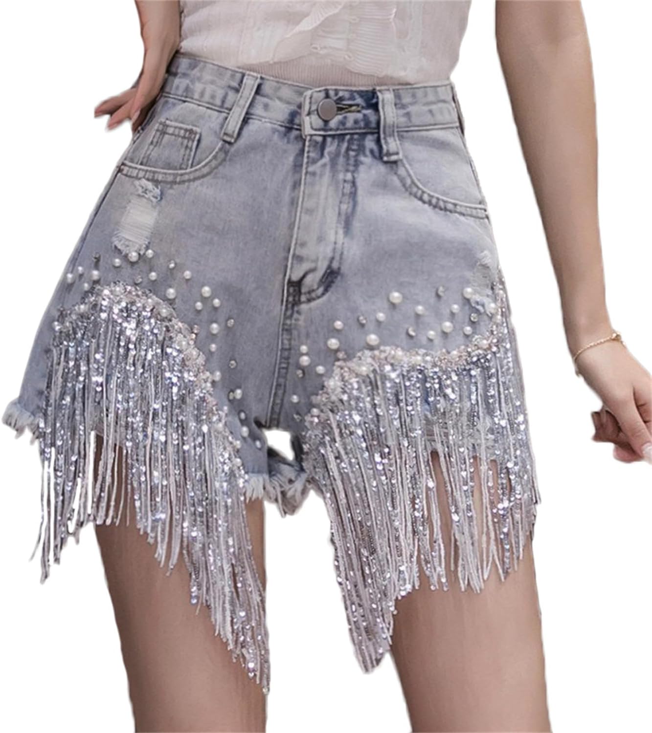 Ripped Frayed Denim Shorts for Women Rhinestone Pearl Beaded Sequins Summer High Waist Raw Hem Shorts