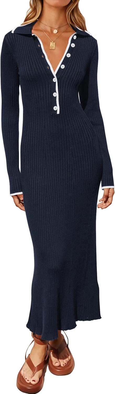 Women Fall Long Sleeve V Neck Sweater Dress Casual Lapel Button Up Slim Fit Ribbed Knit Long Maxi Dresses