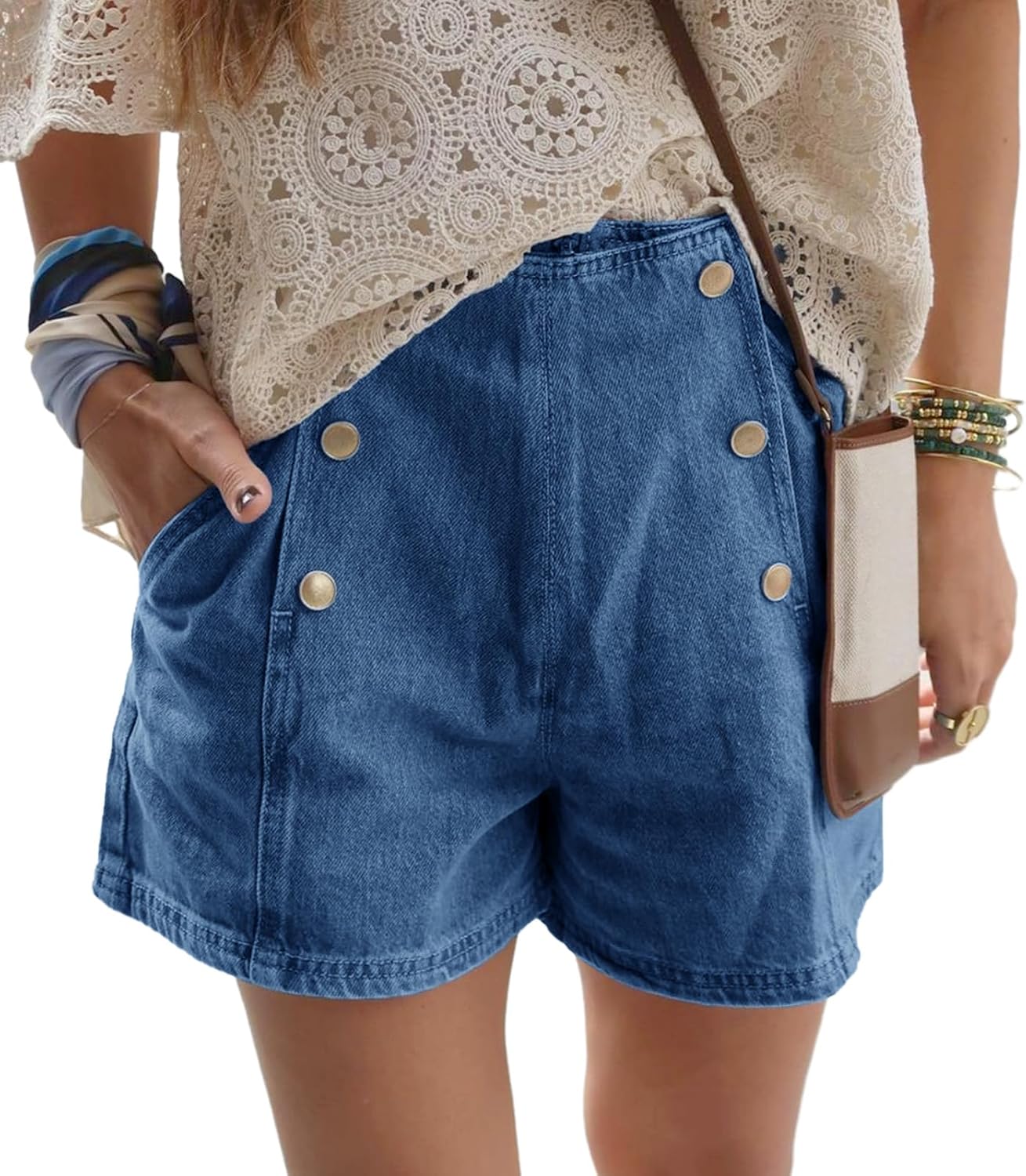 Women’s Denim Shorts High Waisted Casual Summer Loose Vintage Double Breasted Jean Shorts with Pockets