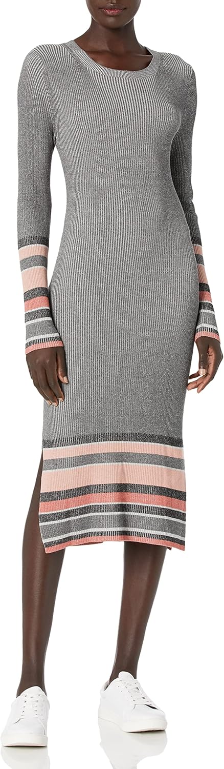 Women’s Stripe Ribbed Dress – Crewneck Long Sleeve Colorblock Bodycon Fitted Midi Sweater Dress