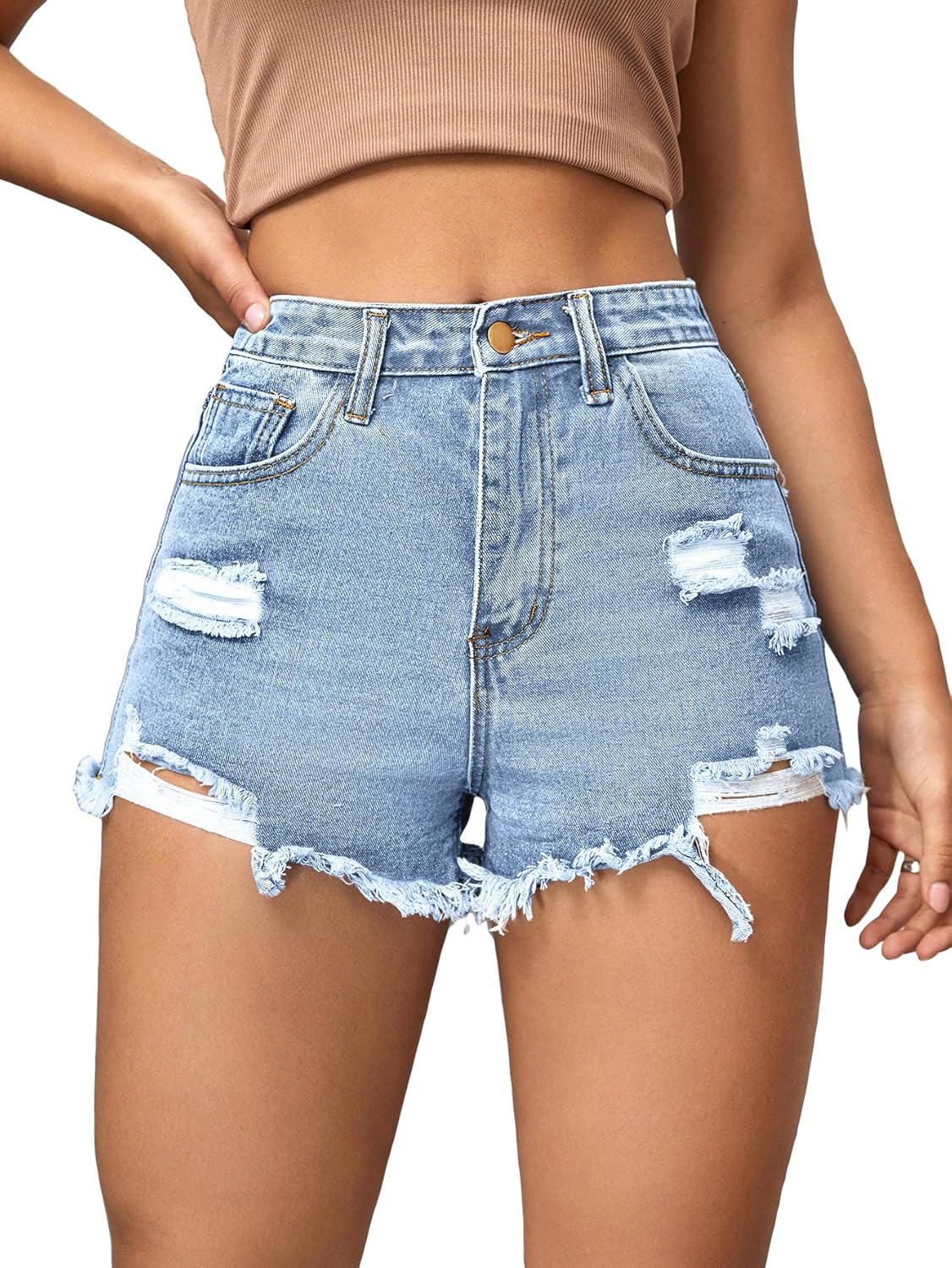 Women’s High Waist Ripped Raw Trim Denim Shorts Casual Summer Short Jeans with Pockets